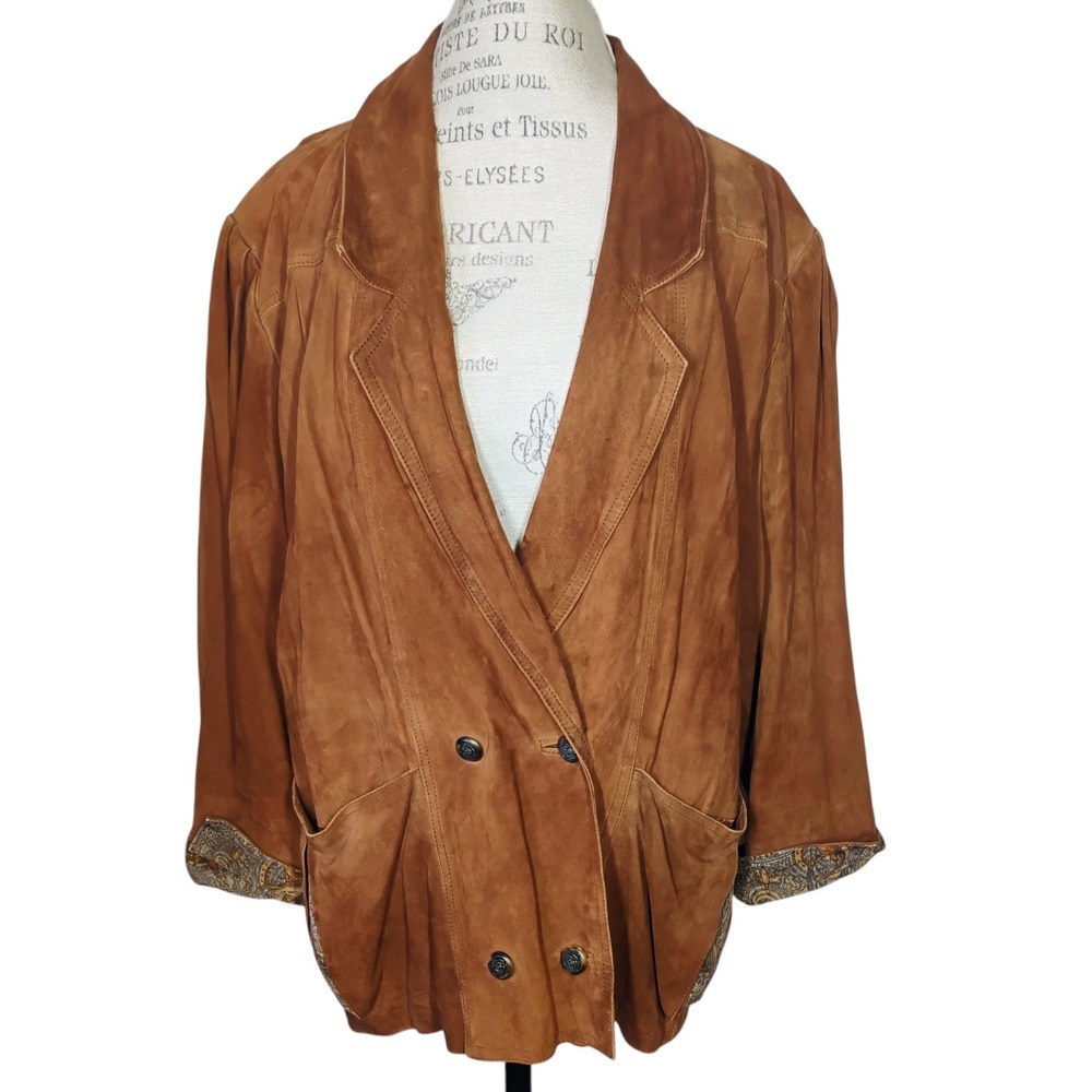 Vintage Peruzzi Italy Suede Leather Jacket Tan Brown Womens‎ 44 Medium Retro 80s